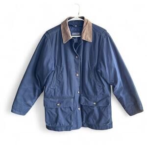 Land’s End Navy Blue Barn Chore Coat Quilted Lined Brown Leather Collar Womens M